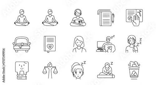Mindful wellness icons for meditation, sleep, self-care, and relaxation promoting healthy lifestyle