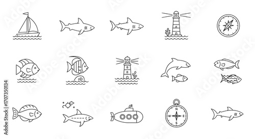 Nautical line art icons collection featuring sea life, compass, lighthouse, and sailboat designs