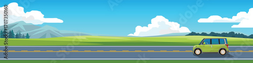 Driving of van car with driving on smooth asphalt road. Vast grassland on a hill with pine forests distance the soft colors of the mountains. Under blue sky with white clouds. For banner background.