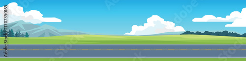 Landscape or terrain of a smooth asphalt road. On a vast grassland on a hill with pine forests distance the soft colors of the mountains. Under blue sky with white clouds. For banner background.