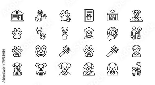 Charming pet care icons: veterinary, grooming, love, and happy animal moments for your designs