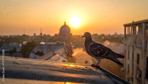 Sunrise view of a pigeon on a rooftop
