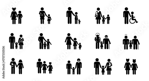 Diverse families and individuals represented with simple stick figures for universal connection and understanding.