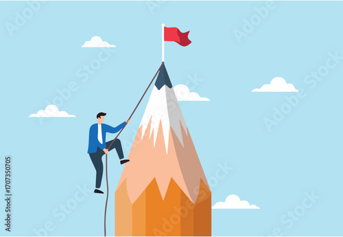 Young creative man climbing pencil mountain, aiming to reach winning flag at peak. Concept of challenges to achieve goals, win in business, creativity, motivation, and inspiration to reach targets