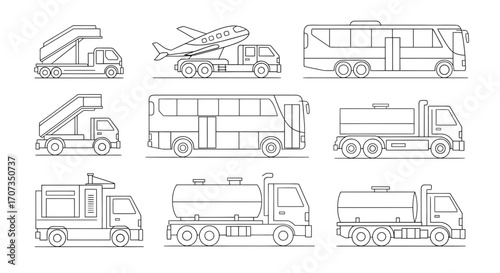 Diverse transportation fleet featuring airport stairs, jet cargo truck, and various tanker trucks