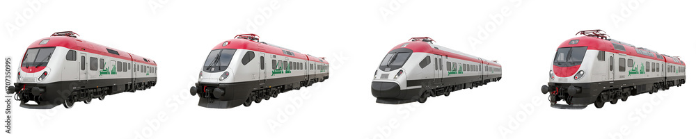 Obraz premium Electric Commuter Passenger Train Red Green Multiple Views On Isolated Transparent Background