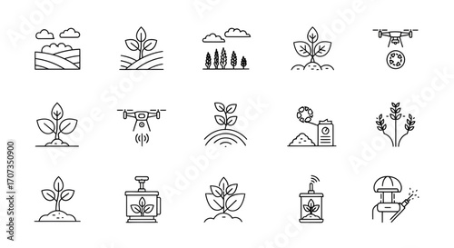 Modern agriculture icons show growth, technology, and farming innovations for smart cultivation
