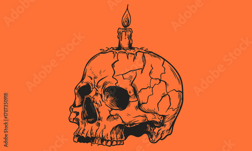 Scary skull with burning candle on top. Vintage crayon drawing Halloween illustration.