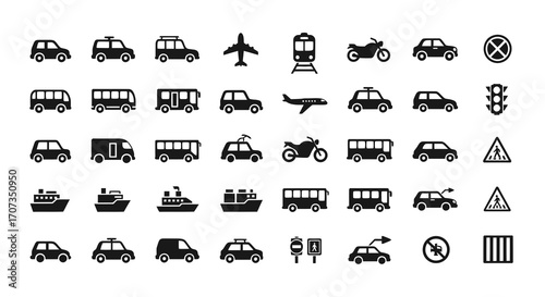 Diverse transportation icons capture cars buses trains planes motorcycles ships and traffic signals for travel concepts
