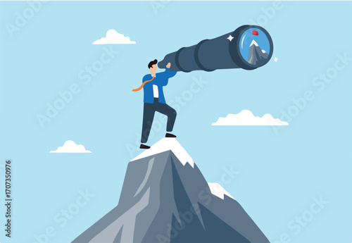 Ambitious businessman look through telescope focusing on mountain peak target, illustrating aiming high to achieve business goals. Concept of ambition, motivation, and determination to succeed