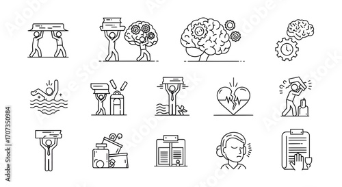 Struggling individuals face mental health challenges, stress, and overwhelming tasks in relatable icon set