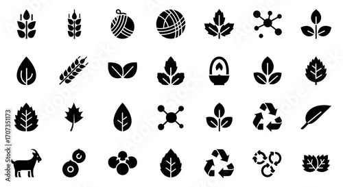 Diverse nature icons representing agriculture, biology, recycling, and animals for design projects