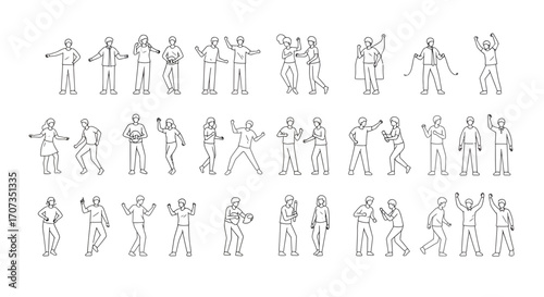 Dynamic collection of modern figures in various active poses, celebrating success and movement