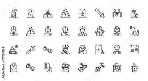 Essential professional icons for emergency services, medical care, and safety protocols presented clearly