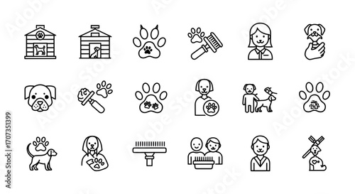 Charming dog care icons depicting grooming, housing, and happy pets for vet clinics and groomers.