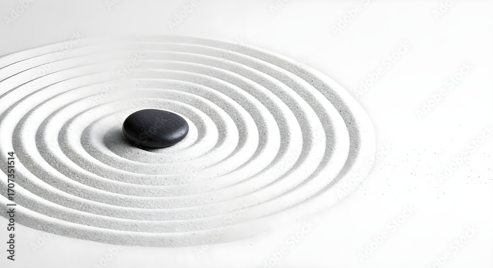 Obraz premium A single dark stone rests in the center of meticulously raked white sand patterns.