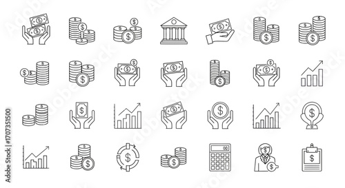 Modern finance icons showcasing currency, investments, and financial growth for business success