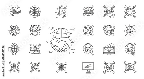 Global business icons showcasing finance, communication, and partnerships for modern ventures