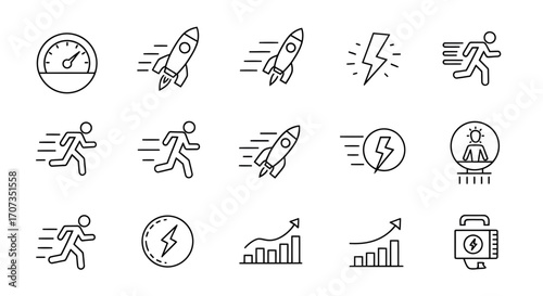 Dynamic icons representing speed, growth, and innovative ideas for business success and progress.