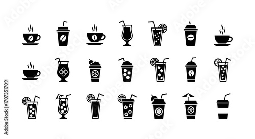 Diverse collection of hot coffee and cold beverage icons for modern branding and design projects