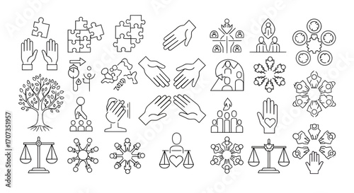 Diverse Icons Representing Teamwork, Equality, Growth, and Community Collaboration for Modern Projects