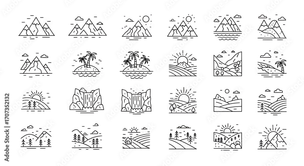 Fototapeta premium Diverse linear nature scenes capture mountains, islands, waterfalls, and sunrises for design projects