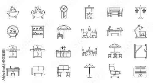 Stylish outdoor furniture and grilling icons for modern patio and backyard design projects