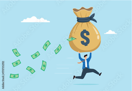 Businessman carries large money bag with banknotes falling out of big hole, illustrating losing money from investment mistakes. Concept of taxes, expenses, mutual fund costs and financial problems