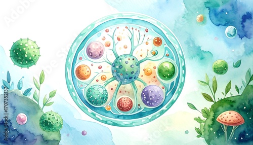 Watercolor illustration of a cell, colorful, with various components