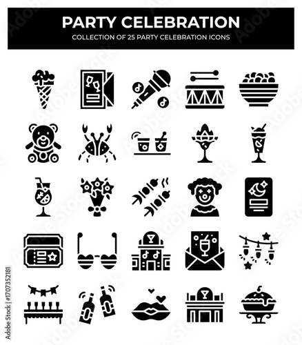 Party Celebration Icons. 25 Unique Glyphs for Festive Events