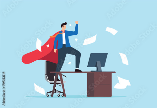 Superhero businessman finishes work at his desk in office, illustrating effective productivity. Concept of motivation to complete tasks, finding solutions, and overcoming challenges