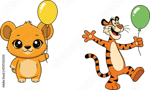 Cute cartoon lion cub and playful tiger holding colorful balloons, adorable animal characters for children’s party, nursery, birthday celebration vector
