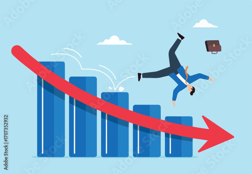 Businessman investor slips on stock market graph and falls to the floor, illustrating stock market plunge or economic downturn. Concept of investing failure or mistakes, price drops, and recessions