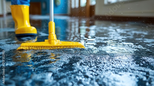 Cleaning wet floor with squeegee