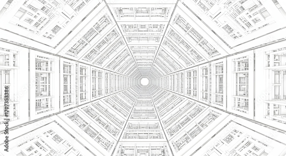 Obraz premium Abstract geometric architectural tunnel perspective drawing with repeating patterns