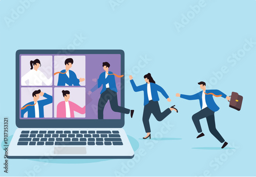 Businessman and his colleague join virtual conference meeting through laptop, illustrating hybrid work. Concept of remote work from home, virtual collaboration, and flexibility for employees to work