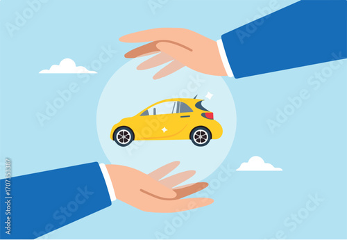 Businessman hand gently covers car, serving car insurance and automobile protection. Concept of safeguarding vehicles against transportation accidents, and security shield for vehicle safety
