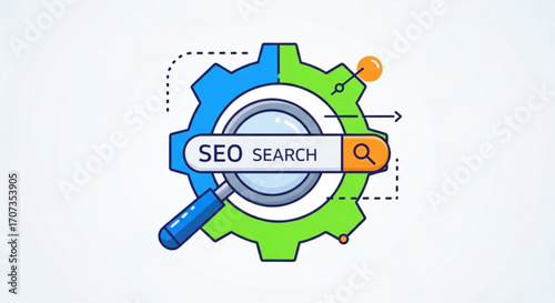 Dynamic SEO search engine optimization process with magnifying glass and gear illustration for digital marketing strategy and online growth