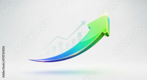 Dynamic green and blue arrow soars upwards signifying business growth and financial success with subtle chart elements suggesting progress and positive trends