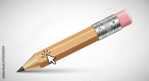 Sharp pencil poised for action with digital cursor indicating a choice, representing ideas, creativity, and decisive beginnings in a clean, modern aesthetic.