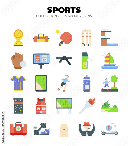 Collection of 25 Sport Icons. A vibrant set of flat design icons representing various sports and activities.