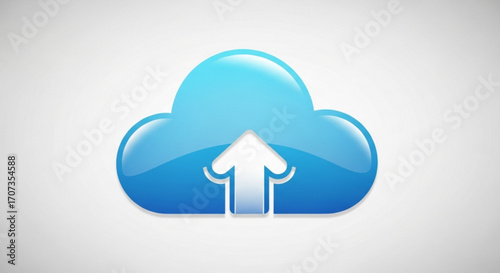 Vibrant blue cloud icon with white upward arrow symbolizing data upload and cloud computing progress, perfect for tech and business concepts