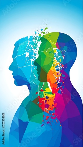 Colorful abstract profile of a person with a fractured head