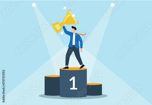 Proud businessman holds winner trophy atop the first place podium under spotlight. Concept of success, victory, being award winner, achieving excellence, and reaching pinnacle of career success 