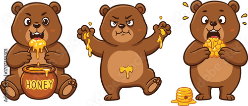 Cartoon bears eating honey vector illustration, cute animal characters, funny wildlife mascot design, happy bear with honey jar and honeycombCartoon bears eating honey vector illustratio