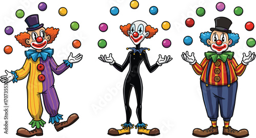 Cartoon clowns juggling colorful balls vector illustration, circus entertainers wearing costumes, happy comedy performers for carnival, festival, fun entertainment designCartoon clowns juggl