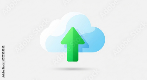 Dynamic green arrow ascending into stylized cloud signifying successful data upload and digital transfer, perfect for tech and cloud services