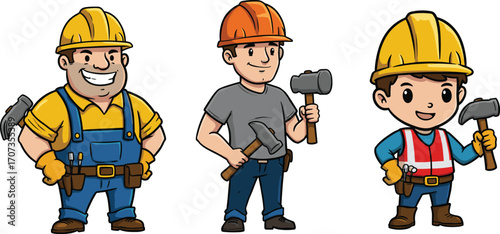 Cartoon construction workers wearing safety helmets holding hammers, builder handyman characters illustration for building industry, repair, architecture, engineering, labor designCartoon 