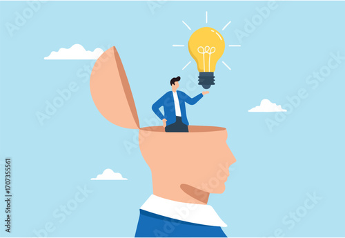 Man experiences eureka moment, illustrating lightbulb idea illuminating in his head. Concept of discovery of new solution to solve problem, business insight, inspiration, creativity, or innovation