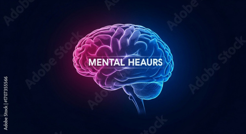 Vibrant human brain glowing with neon pink and blue light representing mental health, consciousness, and neuroscience research, perfect for medical and educational contexts.
